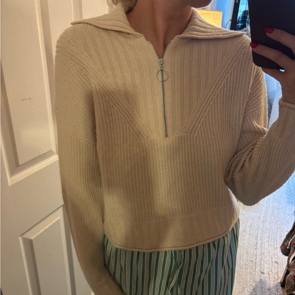 Jonathan Simkhai Cream Ribbed Half-Zip Sweater